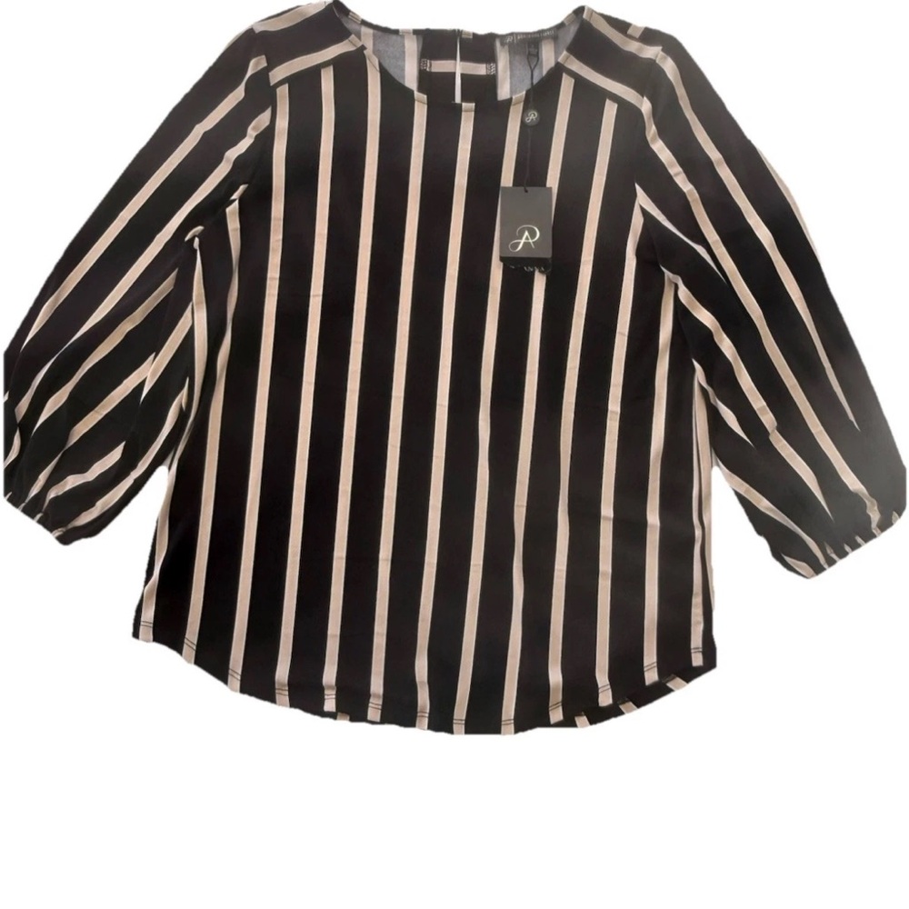Adrianna Papell Women’s Striped Black Cream Blouse Puff Sleeves Size Small NWT